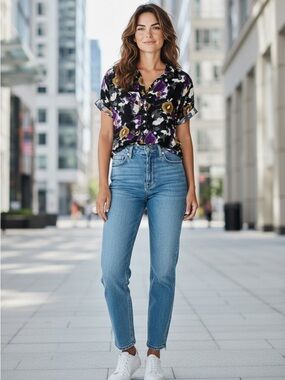 Samsoe Samsoe Abstract Print Button Down Short Sleeve Shirt Purple Size 0